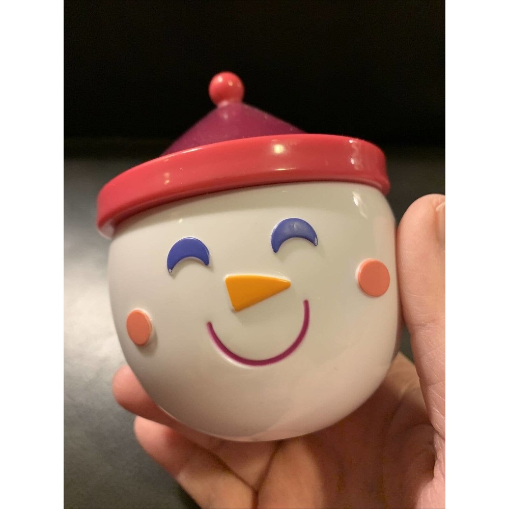 SNOWMAN SNACK CUPS (2) use for little one's treats, twist on lid 10.5oz Melamine